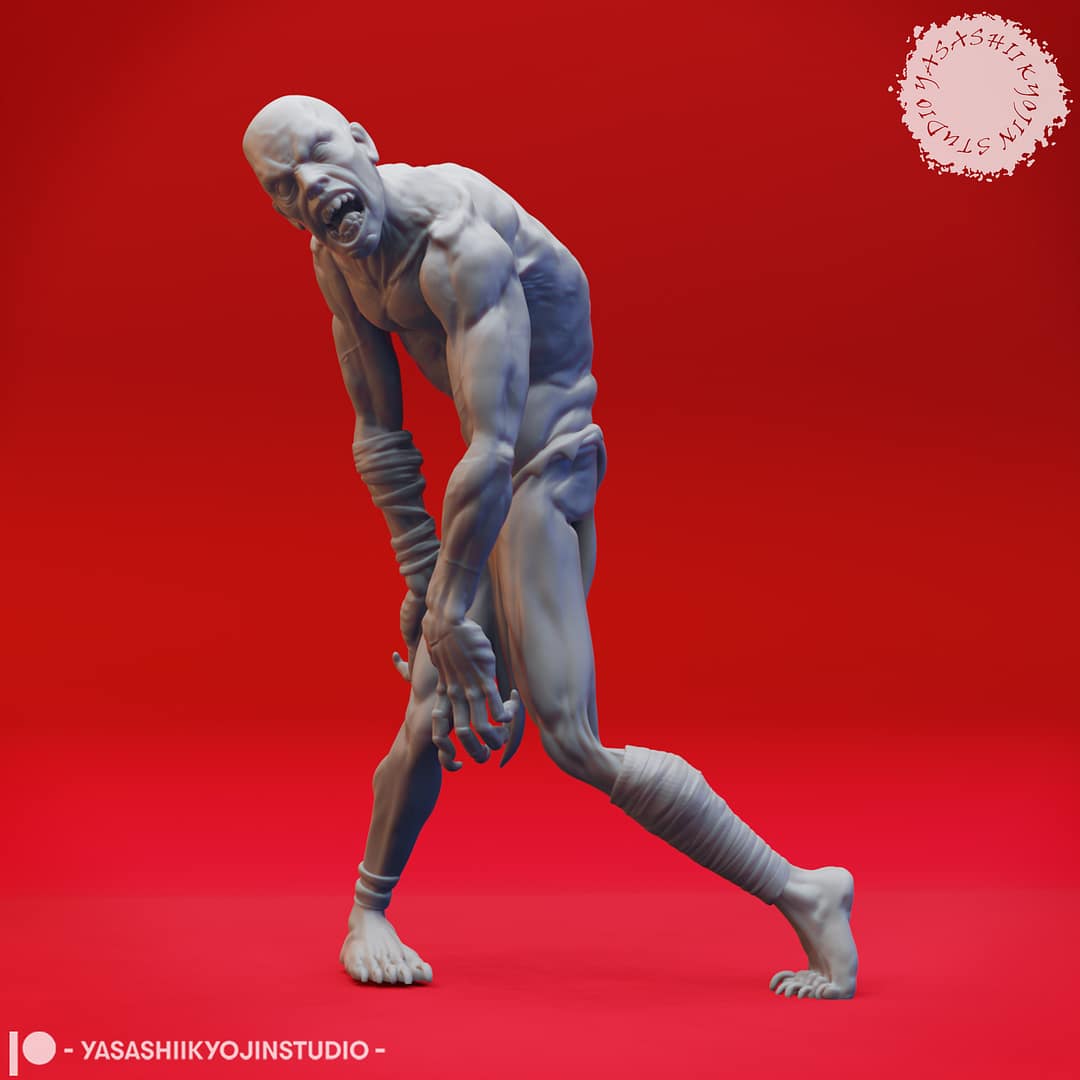 Four resin Ghoul miniatures—Walking, Crawling, Eating, and Reaching poses—depicting emaciated undead with gaunt limbs and feral expressions, sculpted by Yasashii Kyojin Studio and displayed against a red background