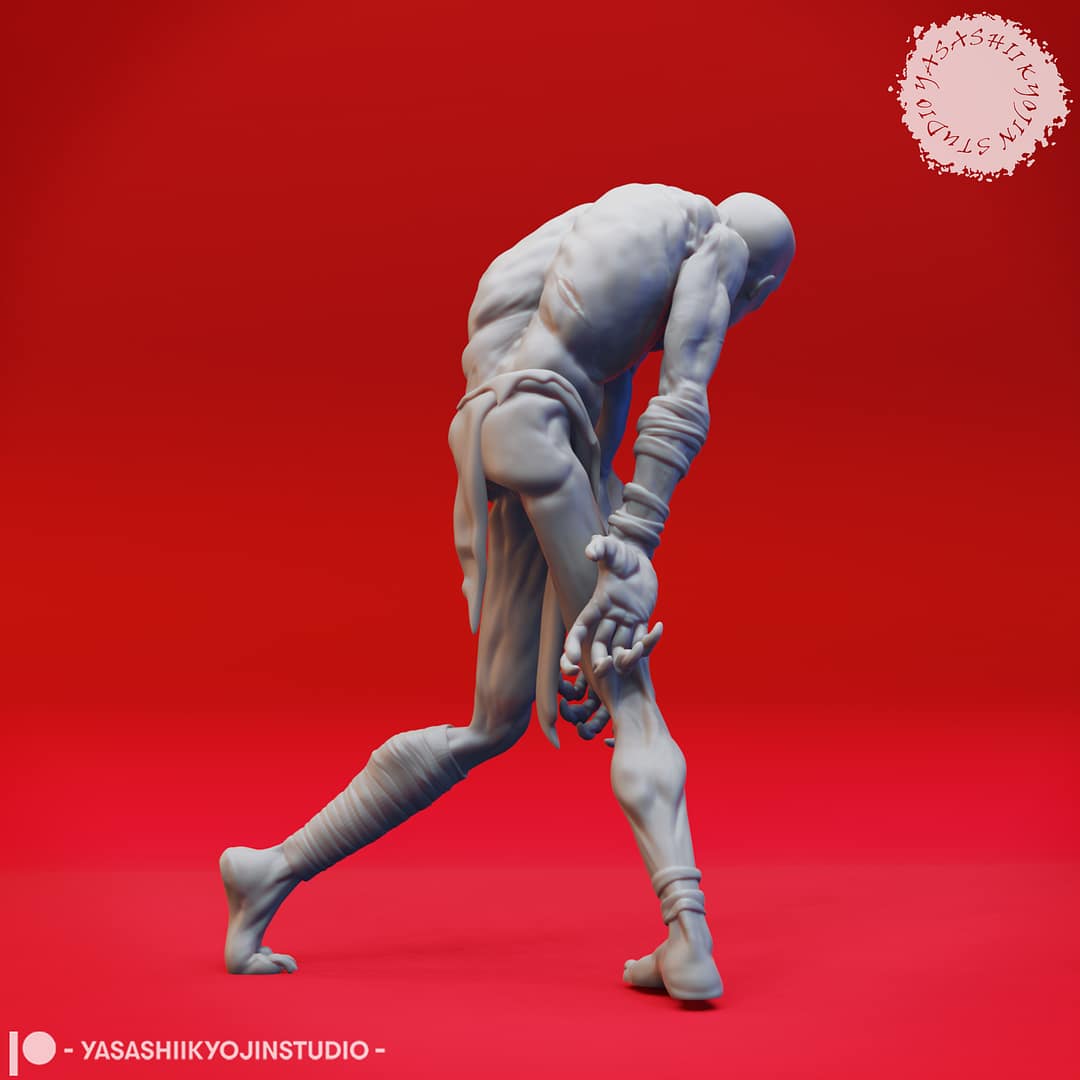 Four resin Ghoul miniatures—Walking, Crawling, Eating, and Reaching poses—depicting emaciated undead with gaunt limbs and feral expressions, sculpted by Yasashii Kyojin Studio and displayed against a red background