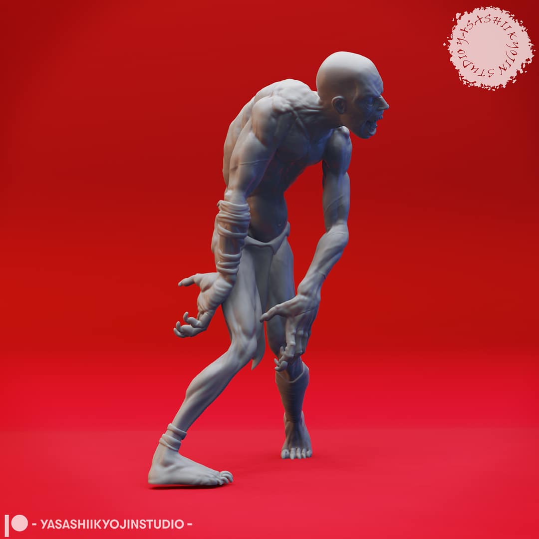Four resin Ghoul miniatures—Walking, Crawling, Eating, and Reaching poses—depicting emaciated undead with gaunt limbs and feral expressions, sculpted by Yasashii Kyojin Studio and displayed against a red background