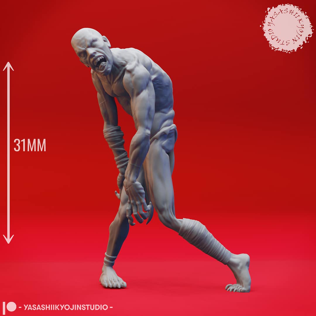 Four resin Ghoul miniatures—Walking, Crawling, Eating, and Reaching poses—depicting emaciated undead with gaunt limbs and feral expressions, sculpted by Yasashii Kyojin Studio and displayed against a red background