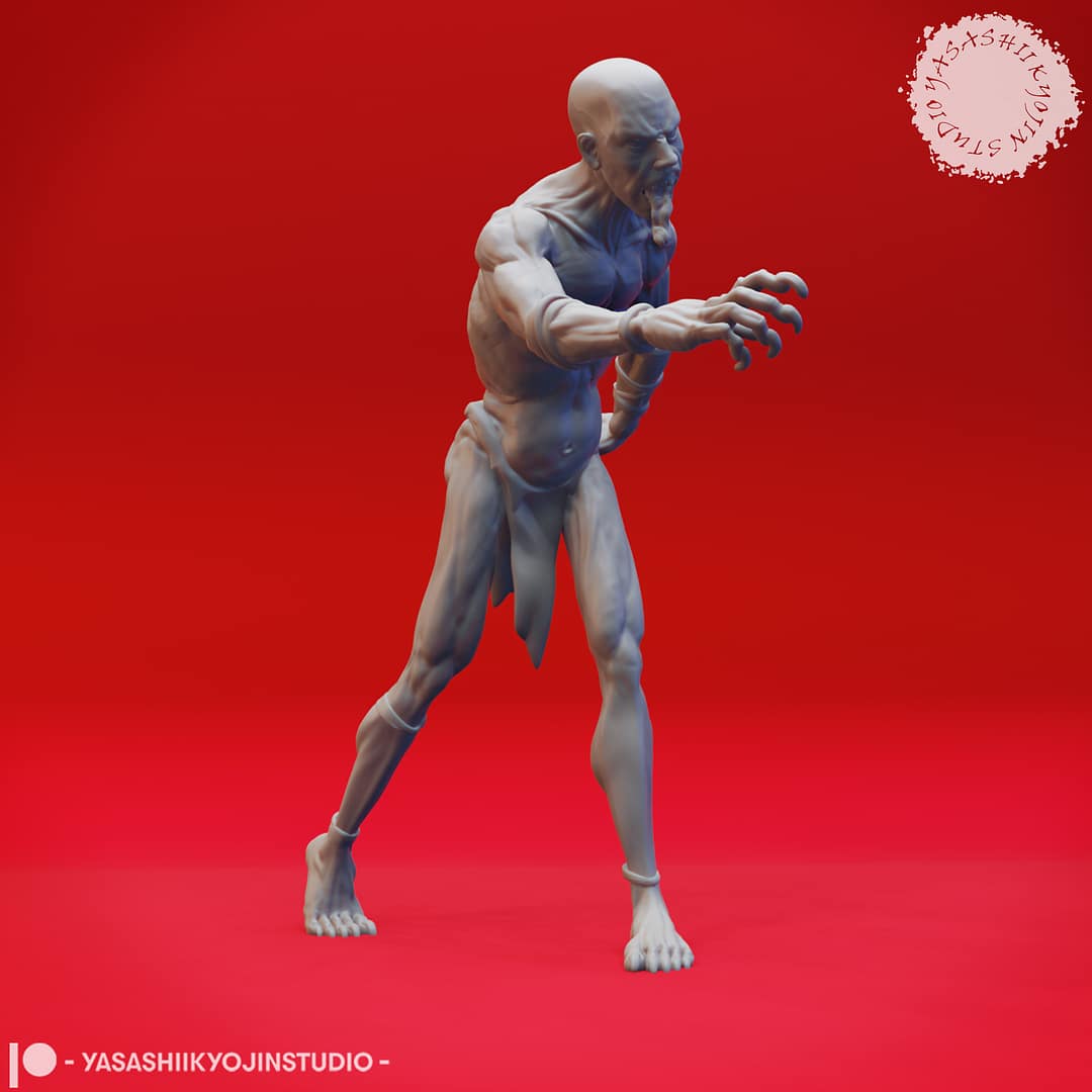 Four resin Ghoul miniatures—Walking, Crawling, Eating, and Reaching poses—depicting emaciated undead with gaunt limbs and feral expressions, sculpted by Yasashii Kyojin Studio and displayed against a red background