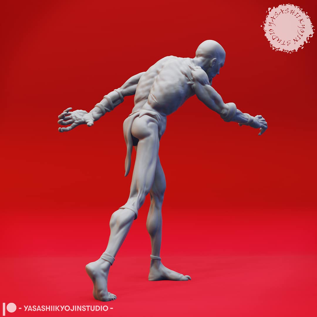 Four resin Ghoul miniatures—Walking, Crawling, Eating, and Reaching poses—depicting emaciated undead with gaunt limbs and feral expressions, sculpted by Yasashii Kyojin Studio and displayed against a red background