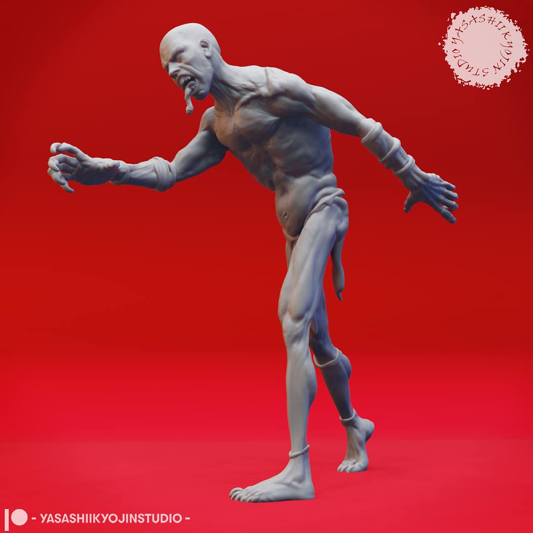Four resin Ghoul miniatures—Walking, Crawling, Eating, and Reaching poses—depicting emaciated undead with gaunt limbs and feral expressions, sculpted by Yasashii Kyojin Studio and displayed against a red background