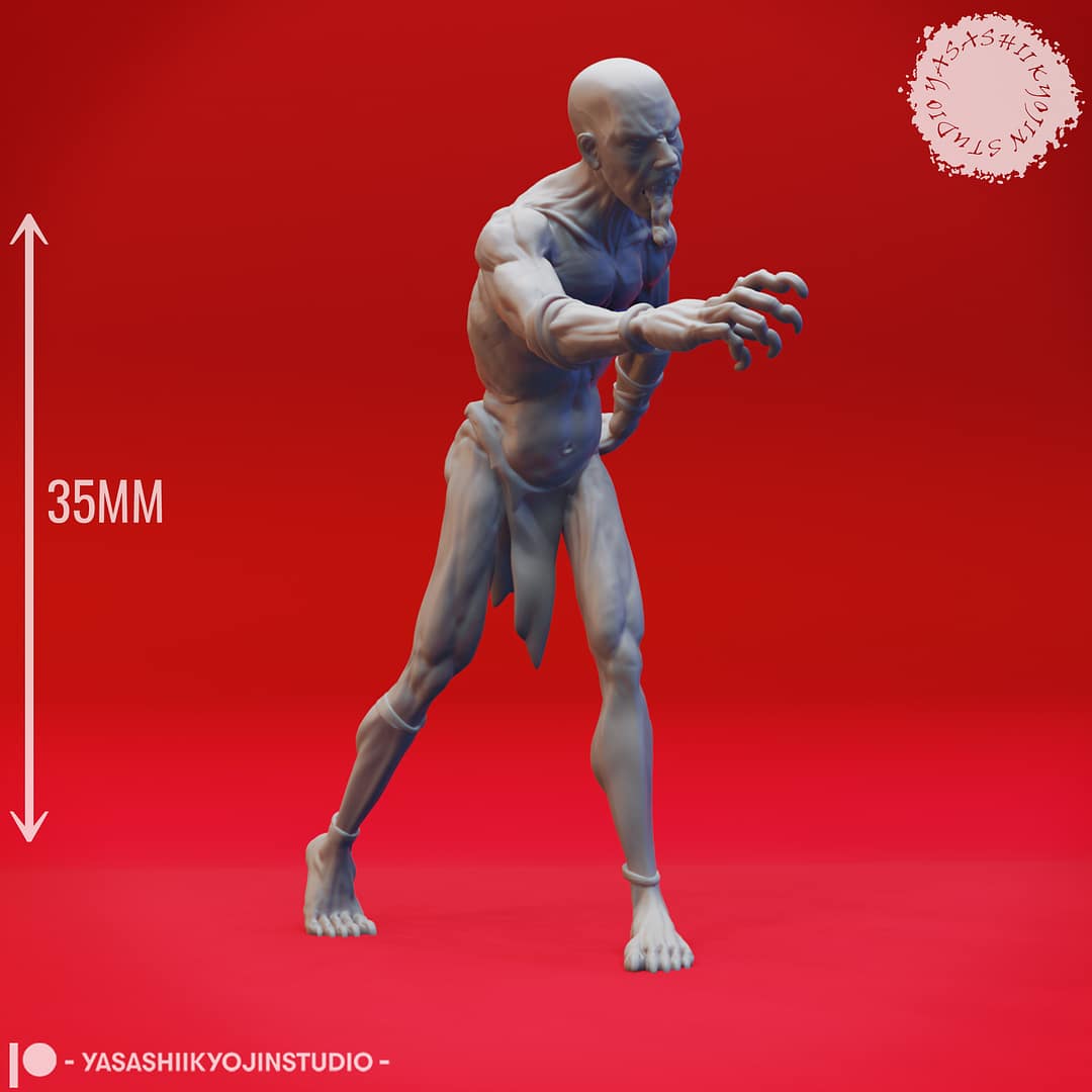 Four resin Ghoul miniatures—Walking, Crawling, Eating, and Reaching poses—depicting emaciated undead with gaunt limbs and feral expressions, sculpted by Yasashii Kyojin Studio and displayed against a red background