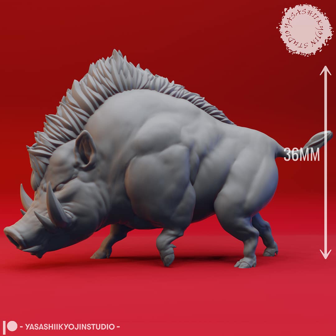 Resin miniature set featuring a massive muscled giant boar with large tusks alongside two smaller piglet miniatures, sculpted by Yasashii Kyojin Studio and displayed against a red background