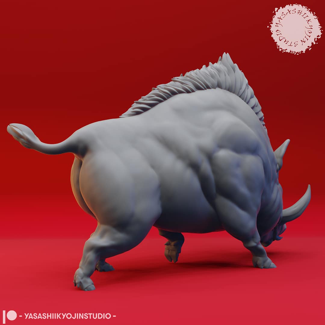 Resin miniature set featuring a massive muscled giant boar with large tusks alongside two smaller piglet miniatures, sculpted by Yasashii Kyojin Studio and displayed against a red background