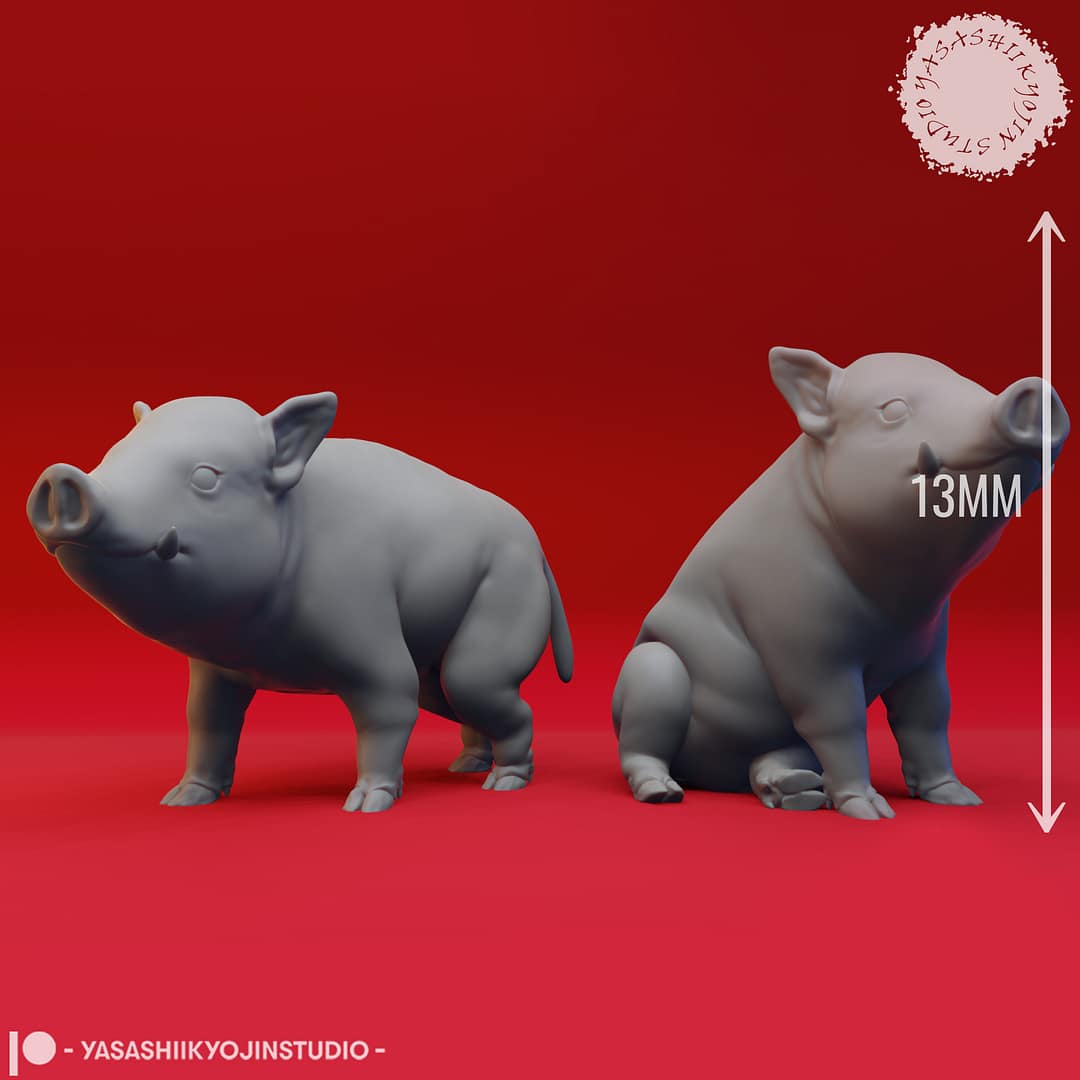 Resin miniature set featuring a massive muscled giant boar with large tusks alongside two smaller piglet miniatures, sculpted by Yasashii Kyojin Studio and displayed against a red background