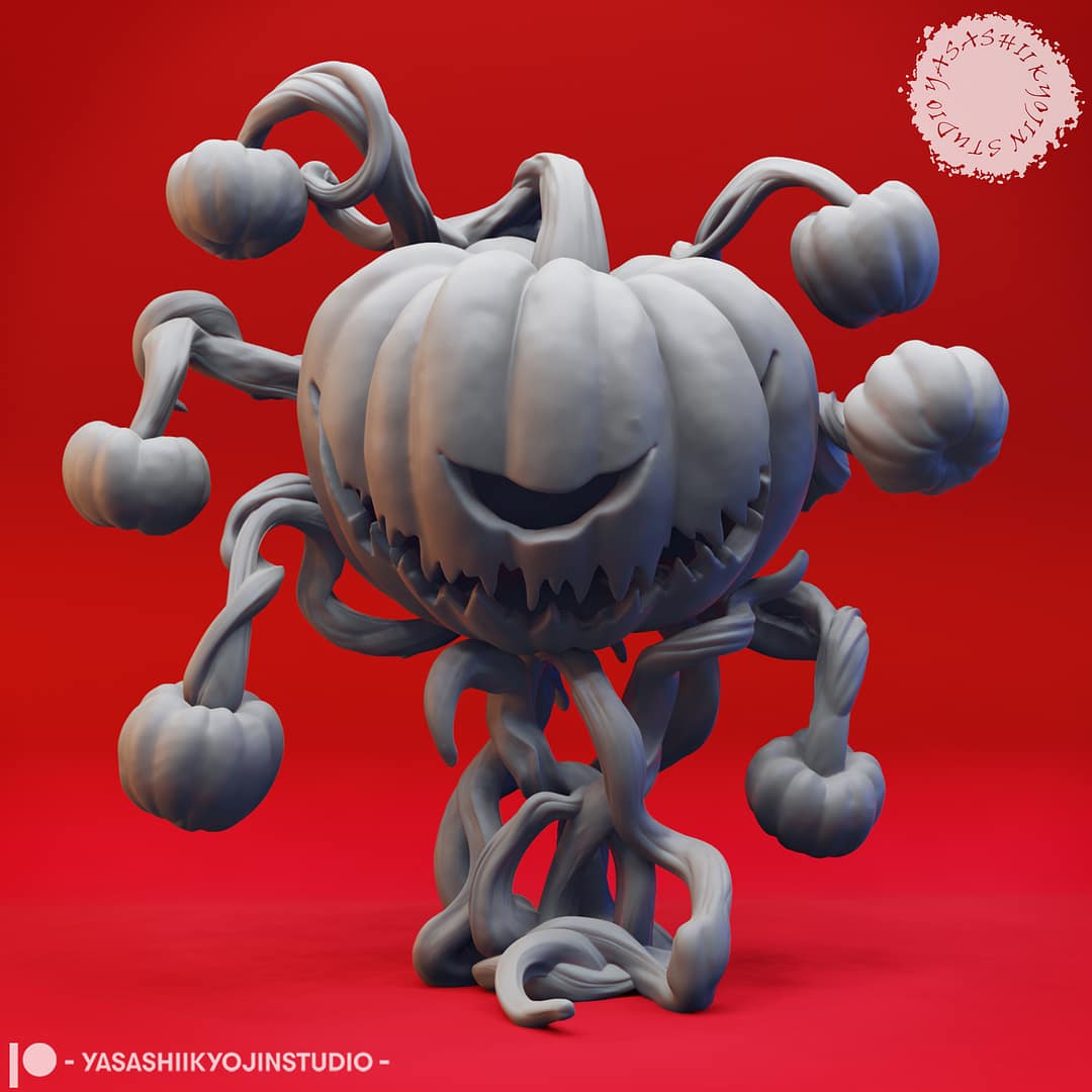 “Pumpkin Beholder resin miniature by Yasashii Kyojin Studio, featuring a carved pumpkin monster with vine tendrils and gourd eyestalks displayed against a red background.”