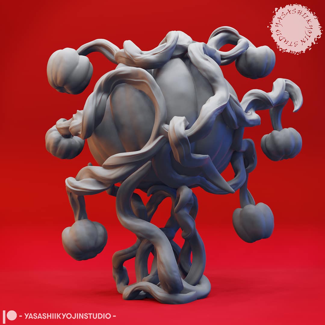 “Pumpkin Beholder resin miniature by Yasashii Kyojin Studio, featuring a carved pumpkin monster with vine tendrils and gourd eyestalks displayed against a red background.”