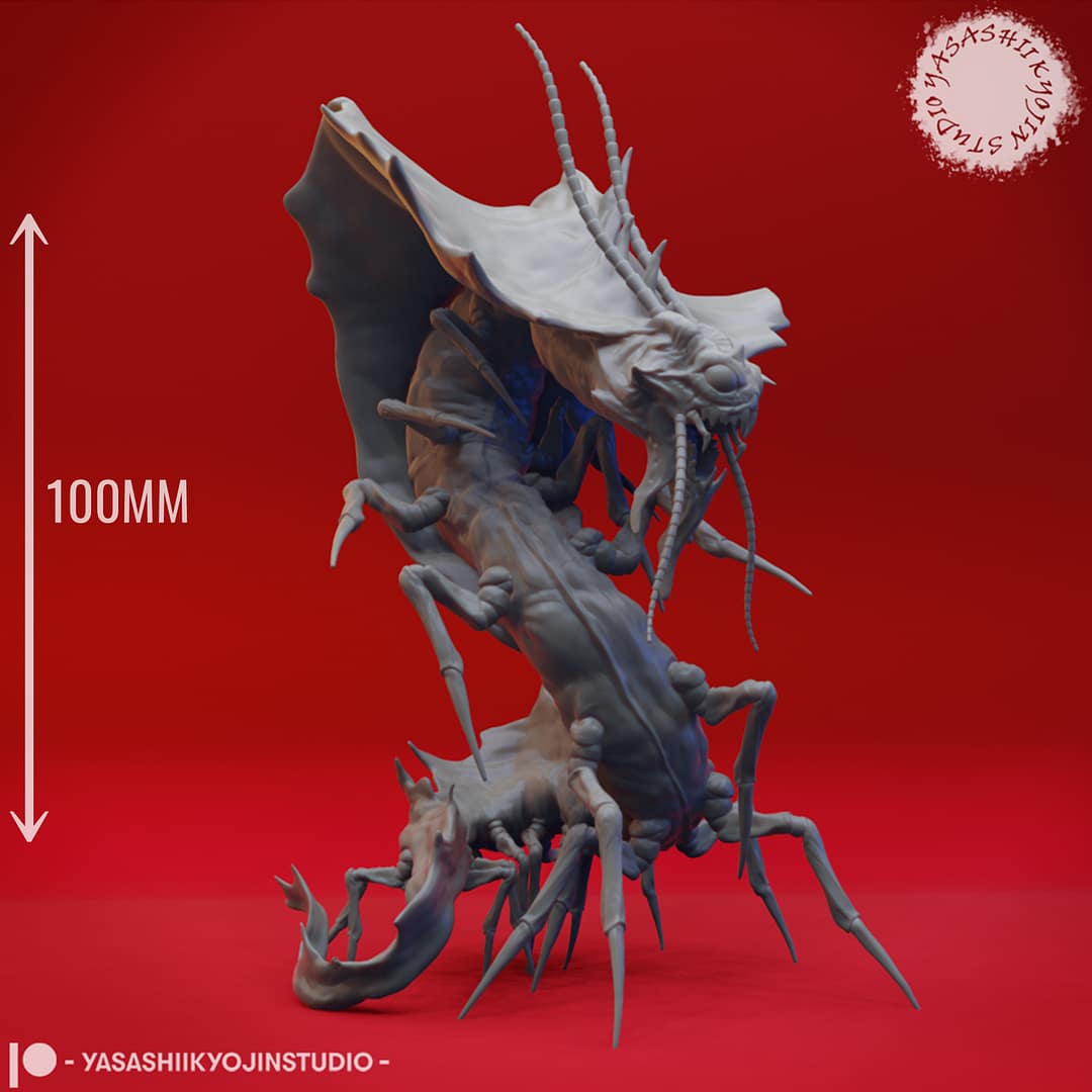 Remorhaz Miniature – A massive centipede-like creature rears up with insectoid mandibles, detailed claws, and segmented body, ready for TTRPG play.
