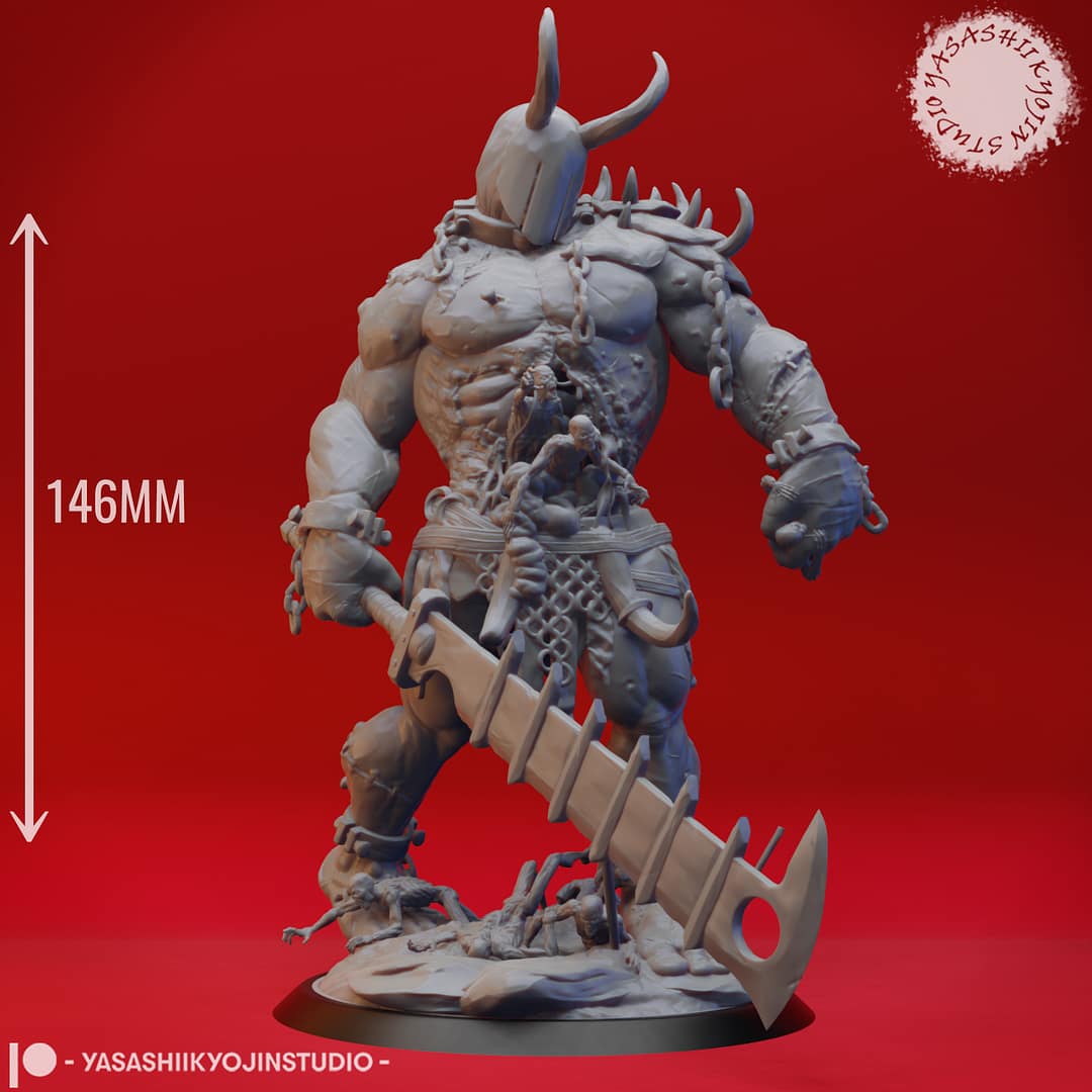 "3D-rendered undead titan miniature with stitched-together corpses, massive cleaver blade, and chains, sculpted by Yasashii Kyojin Studio."
