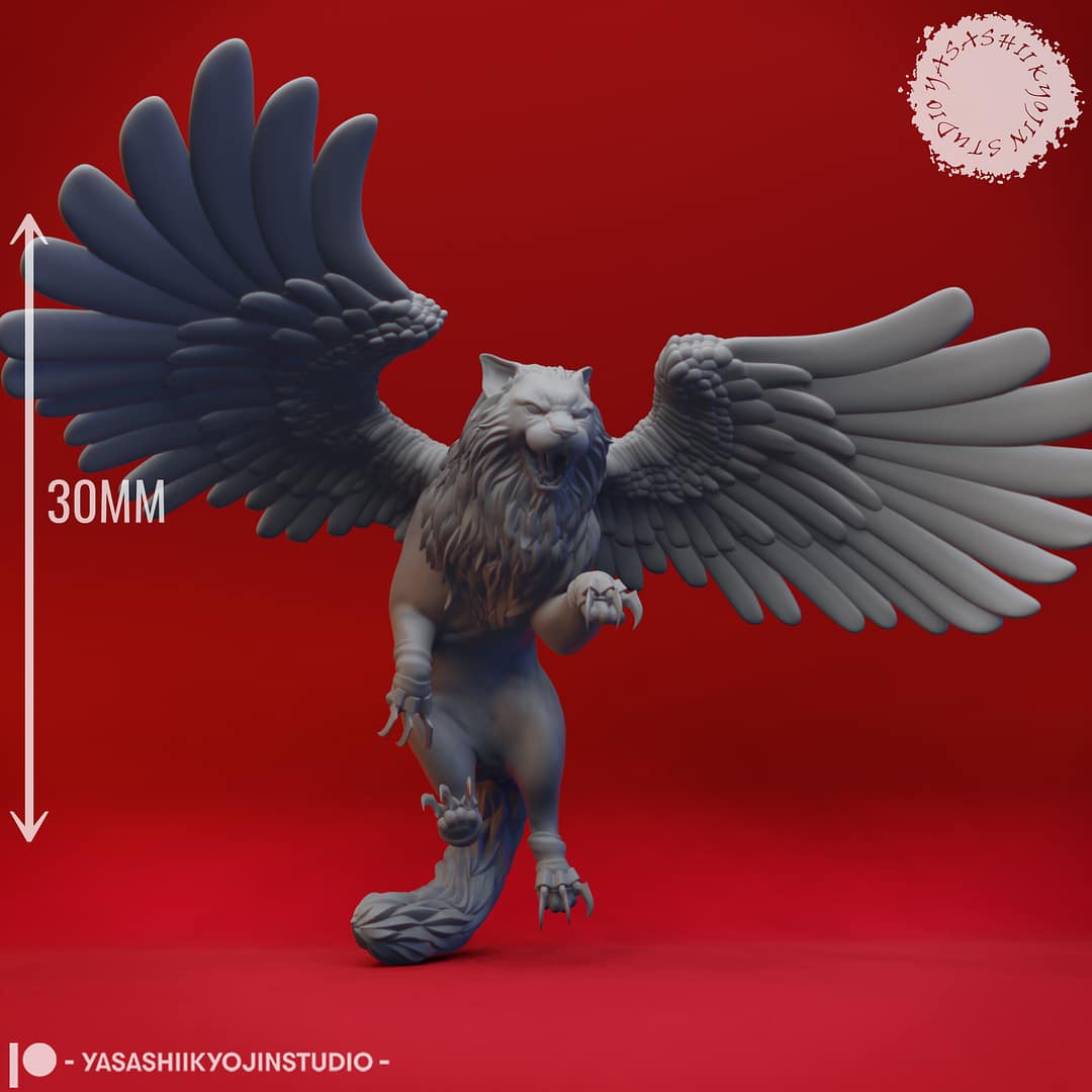 "A highly detailed Tressym Miniature – Winged Cat Familiar by Yasashii Kyojin Studio, showing a majestic flying cat with large feathered wings."