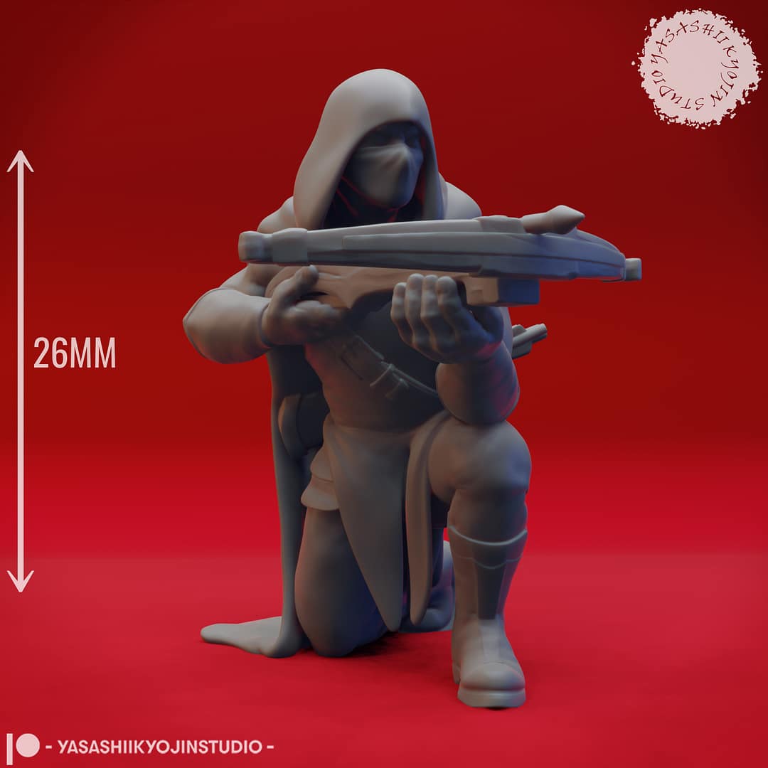 Three resin miniatures of hooded bandits in combat poses—one crouching with a crossbow, one standing with a sword, and one advancing with a dagger