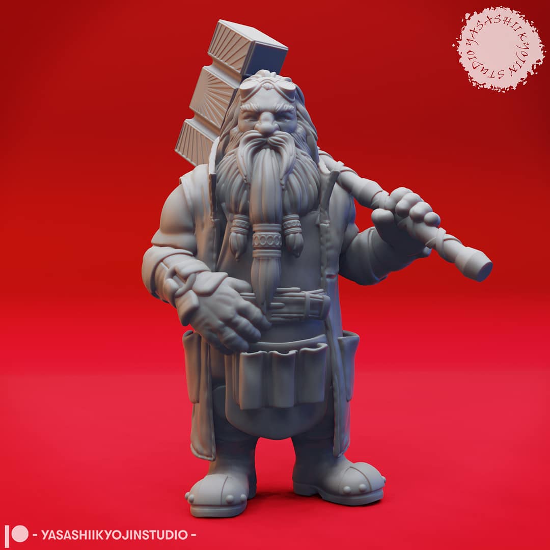 Three high-detail resin dwarf miniatures, each posed with weapons and signature beards, sculpted by Yasashii Kyojin Studio.