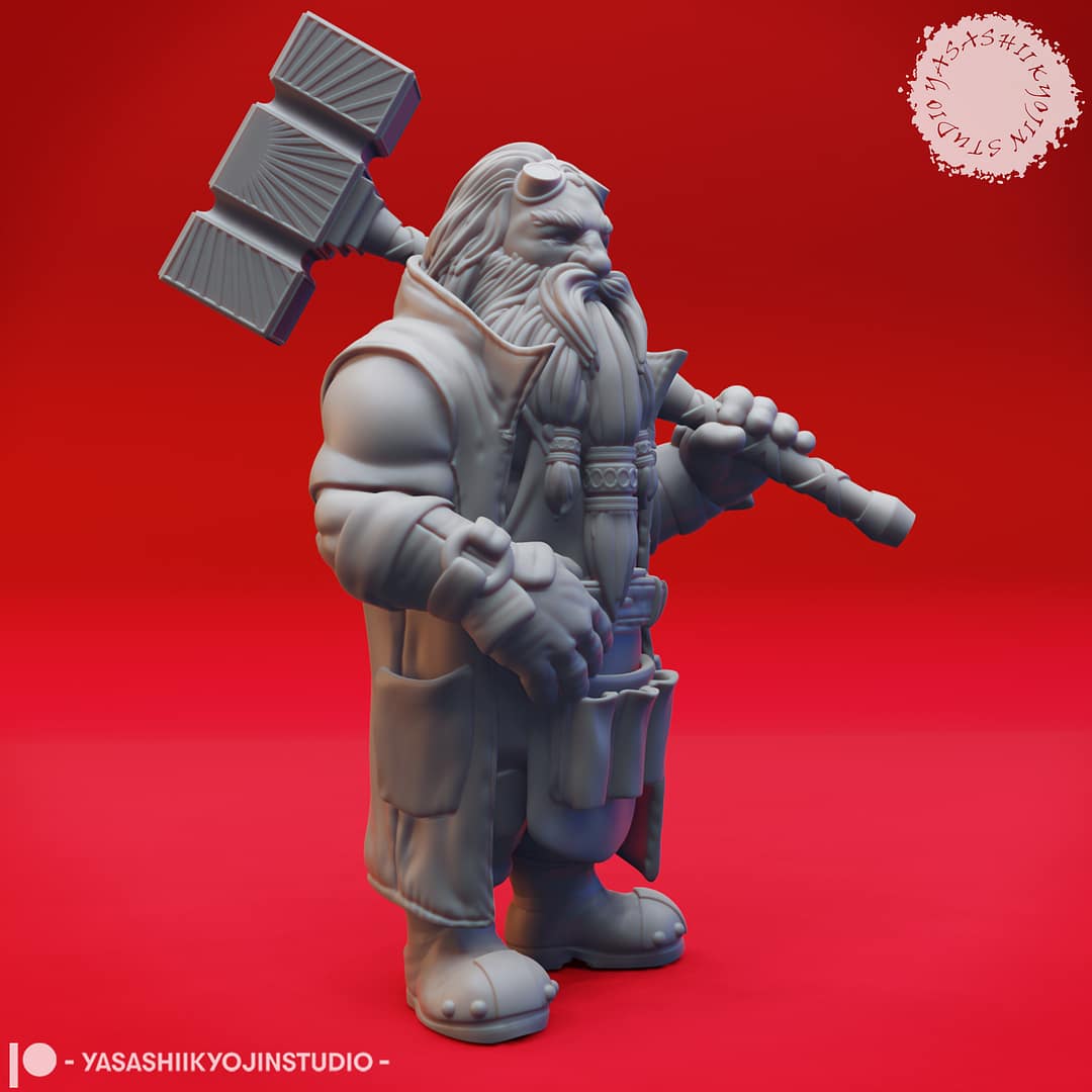 Three high-detail resin dwarf miniatures, each posed with weapons and signature beards, sculpted by Yasashii Kyojin Studio.