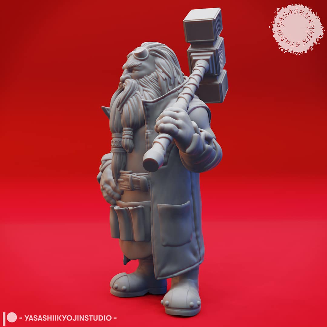 Three high-detail resin dwarf miniatures, each posed with weapons and signature beards, sculpted by Yasashii Kyojin Studio.