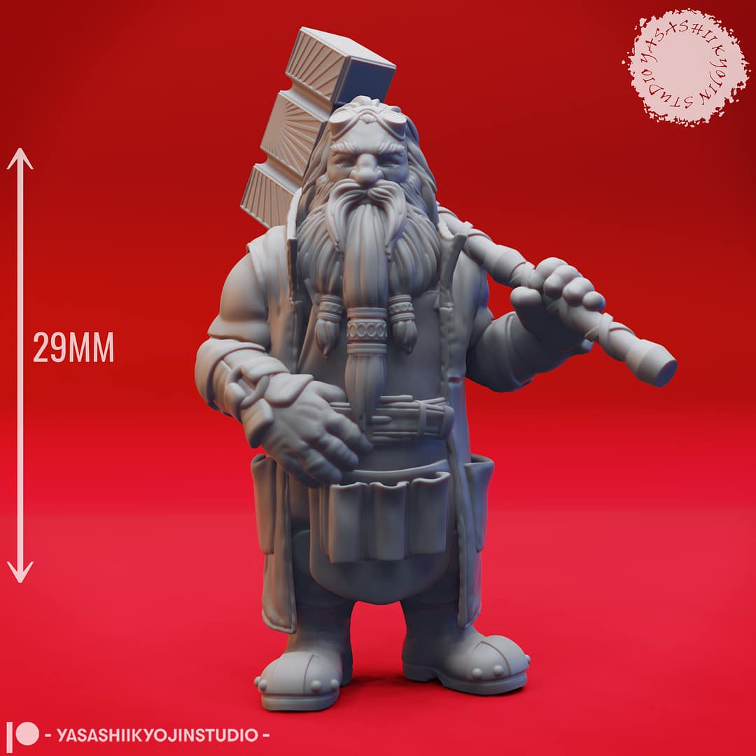 Three high-detail resin dwarf miniatures, each posed with weapons and signature beards, sculpted by Yasashii Kyojin Studio.