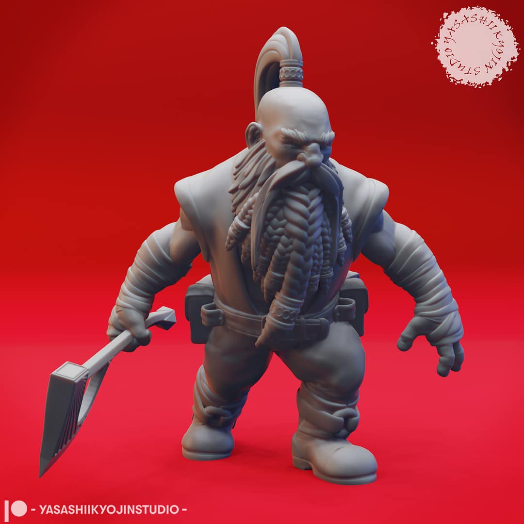 Three high-detail resin dwarf miniatures, each posed with weapons and signature beards, sculpted by Yasashii Kyojin Studio.