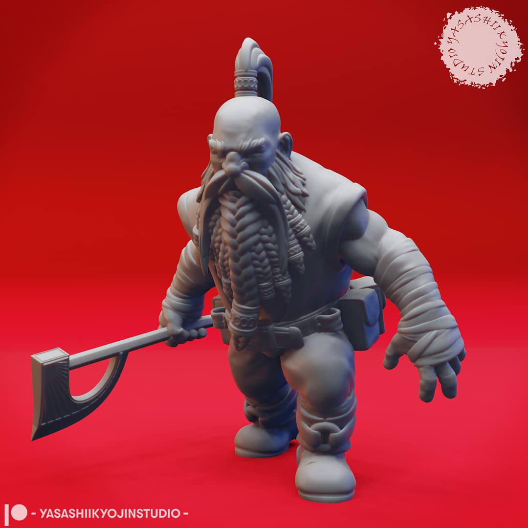 Three high-detail resin dwarf miniatures, each posed with weapons and signature beards, sculpted by Yasashii Kyojin Studio.