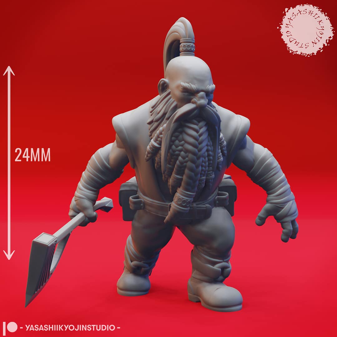 Three high-detail resin dwarf miniatures, each posed with weapons and signature beards, sculpted by Yasashii Kyojin Studio.