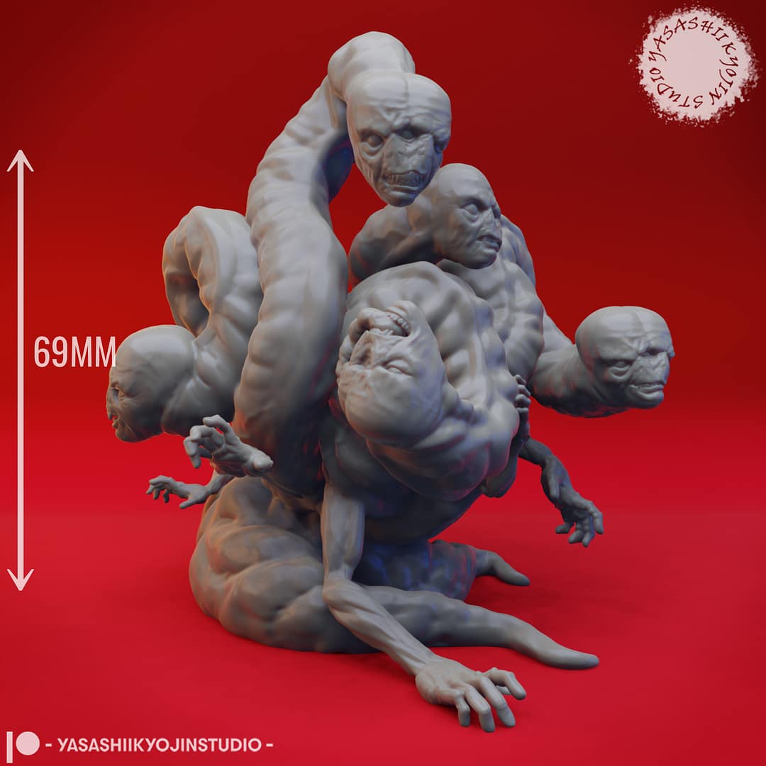 Grayscale 3D-printed miniature of a False Hydra creature featuring a twisted, serpentine body and multiple humanoid heads with haunting expressions, posed against a red background.
