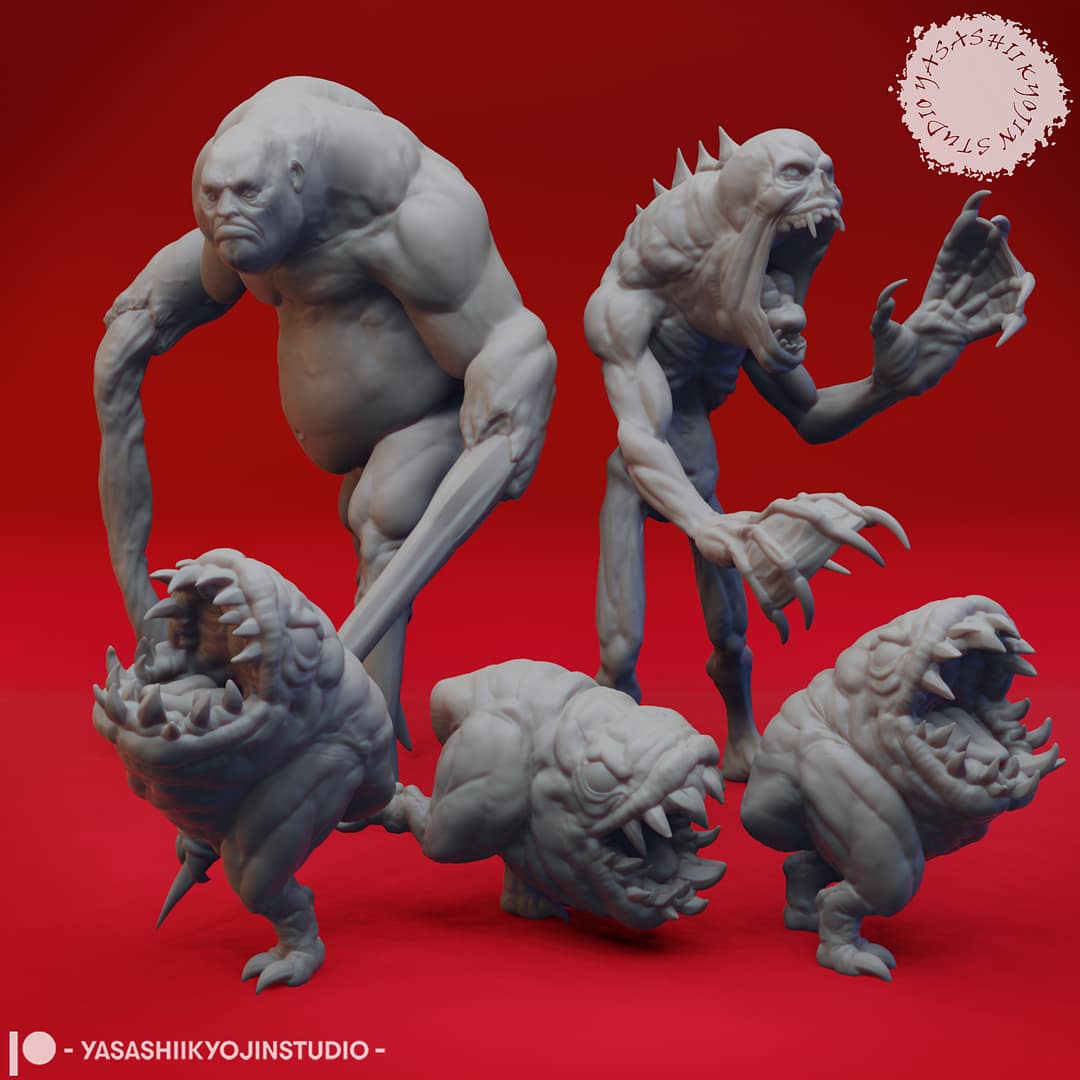 A group of six unpainted resin Sorrowsworn miniatures in terrifying, grotesque poses, ideal for dark fantasy TTRPG encounters.