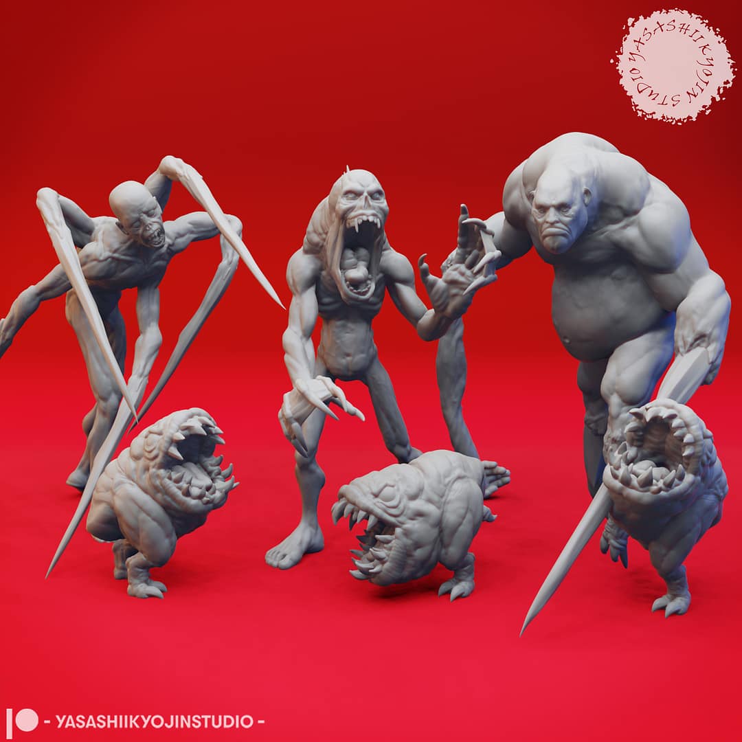 Sorrowsworn Miniature Set A group of six unpainted resin Sorrowsworn miniatures in terrifying, grotesque poses, ideal for dark fantasy TTRPG encounters.