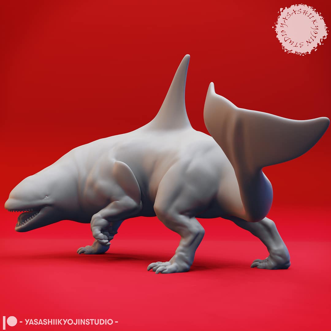 “Ferocious Akhlut Resin Miniature set with four dynamic poses sculpted by Yasashii Kyojin Studio.”