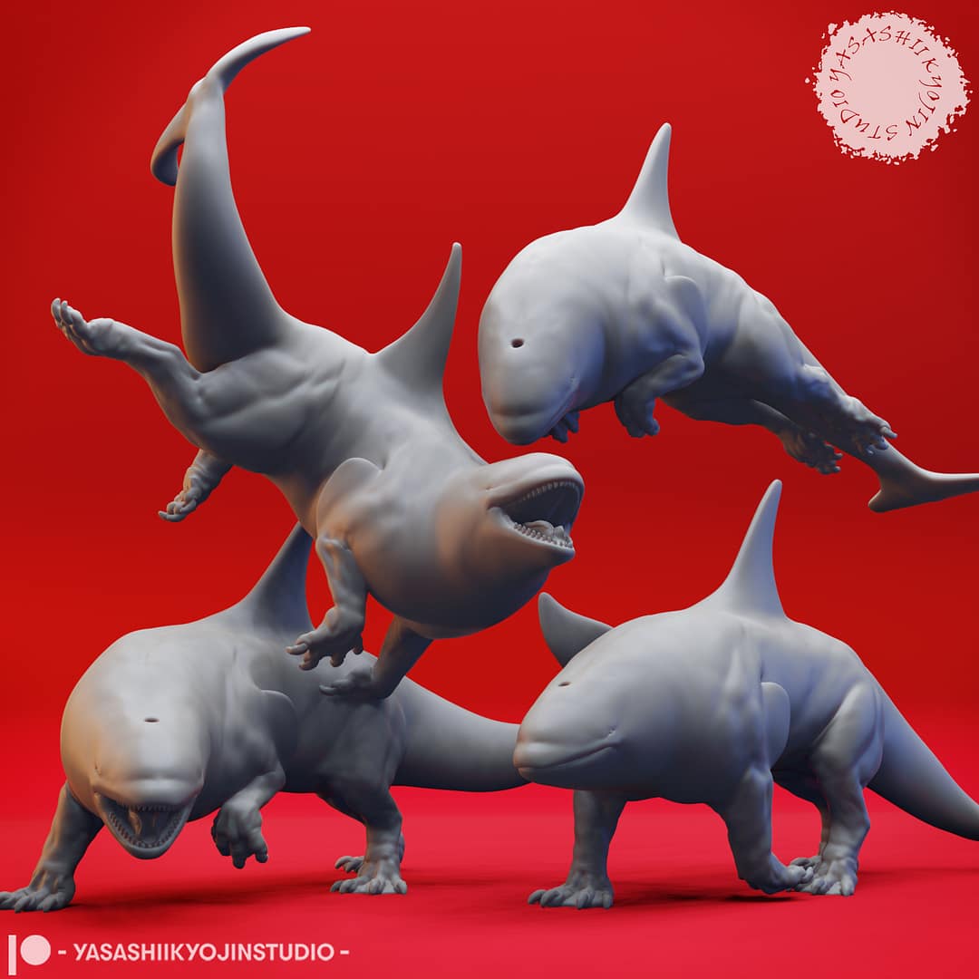 “Ferocious Akhlut Resin Miniature set with four dynamic poses sculpted by Yasashii Kyojin Studio.”