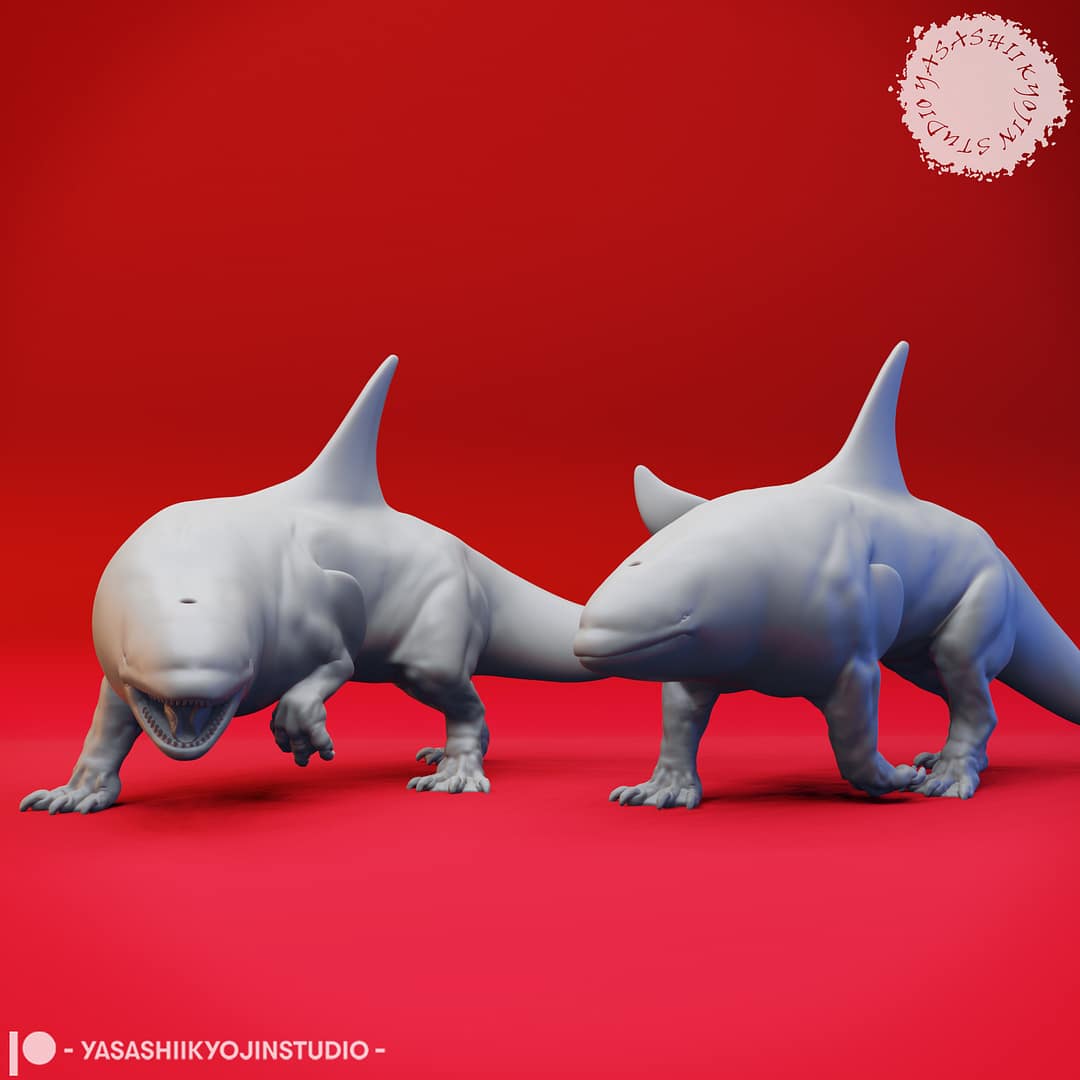 “Ferocious Akhlut Resin Miniature set with four dynamic poses sculpted by Yasashii Kyojin Studio.”