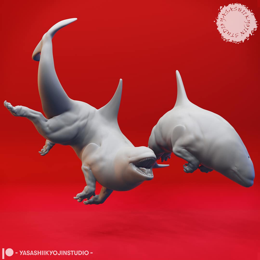 “Ferocious Akhlut Resin Miniature set with four dynamic poses sculpted by Yasashii Kyojin Studio.”