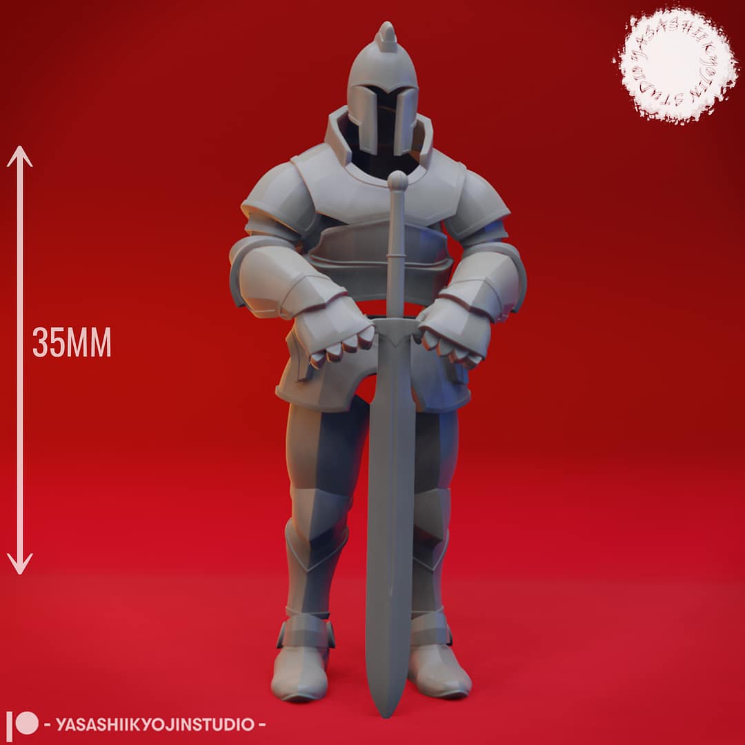 “Animated Armor Knight resin miniature in an advancing combat pose, designed with Yasashii Kyojin Studio, shown in gray resin against a red background.”