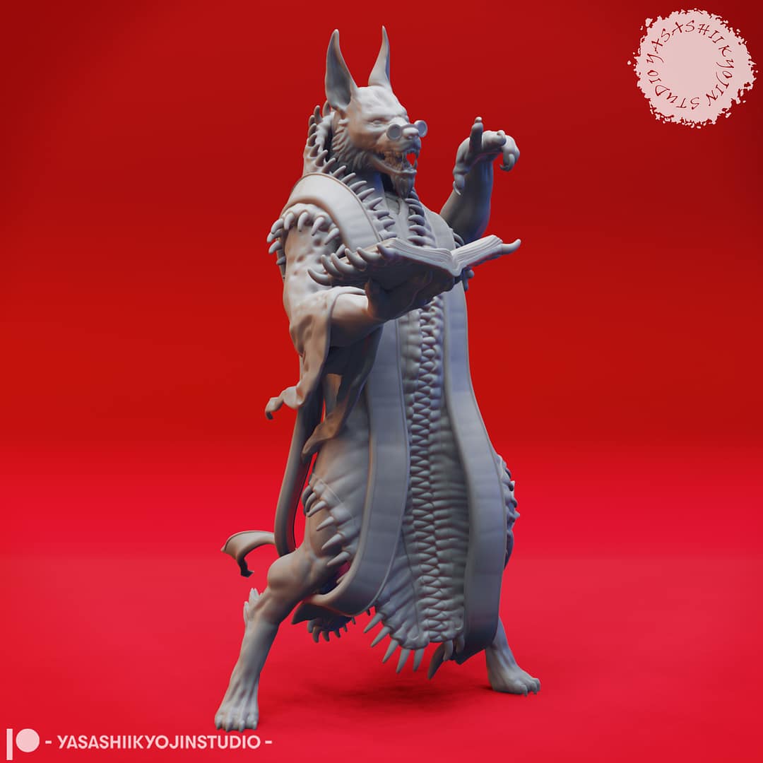 “Dark Fantasy Arcanaloth Miniature in Record Keeper pose sculpted by Yasashii Kyojin Studio on a red background.”