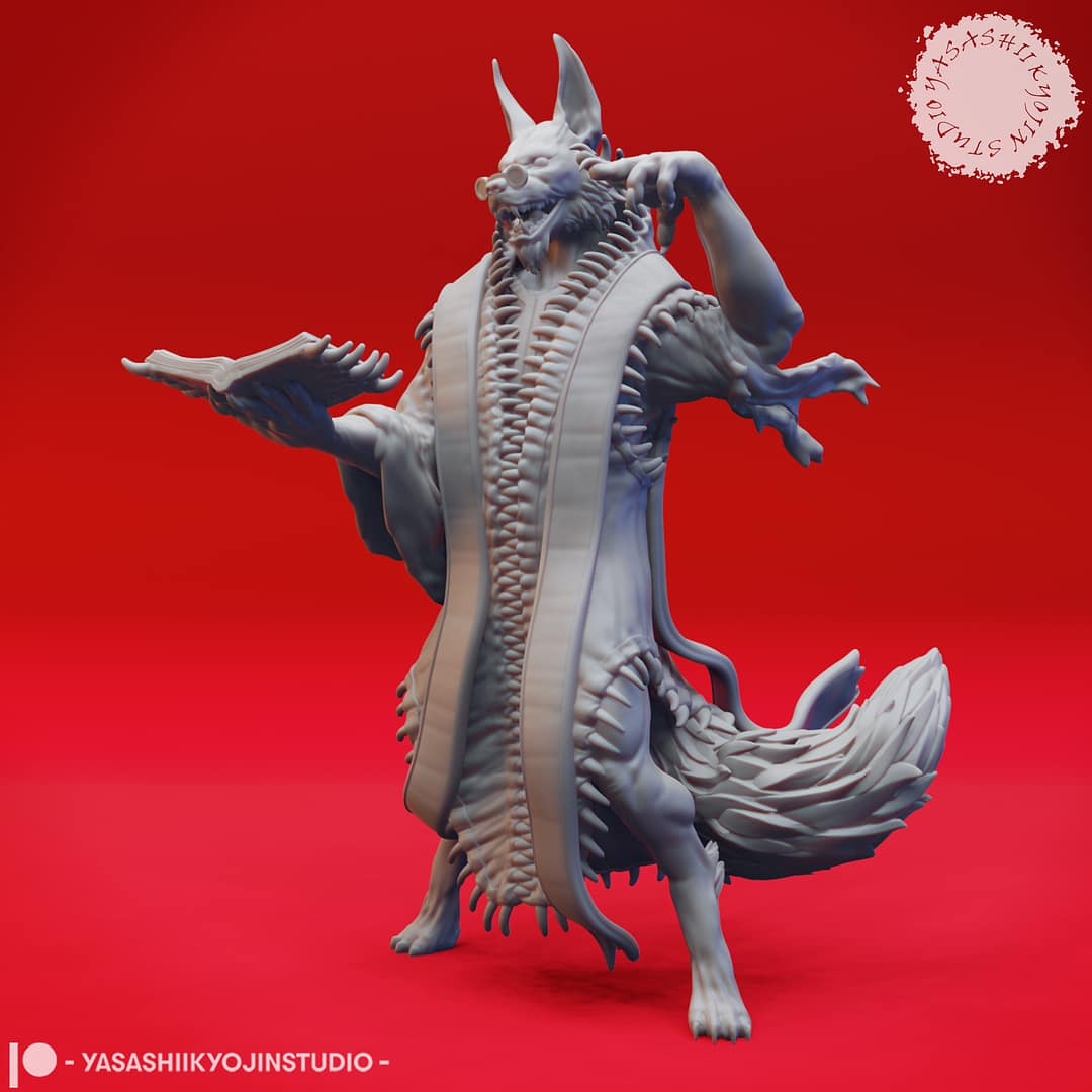 “Dark Fantasy Arcanaloth Miniature in Record Keeper pose sculpted by Yasashii Kyojin Studio on a red background.”