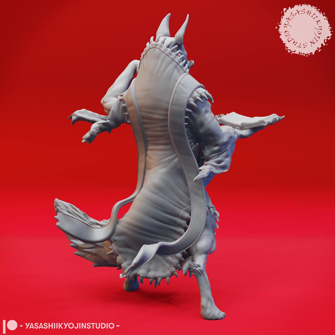 “Dark Fantasy Arcanaloth Miniature in Record Keeper pose sculpted by Yasashii Kyojin Studio on a red background.”