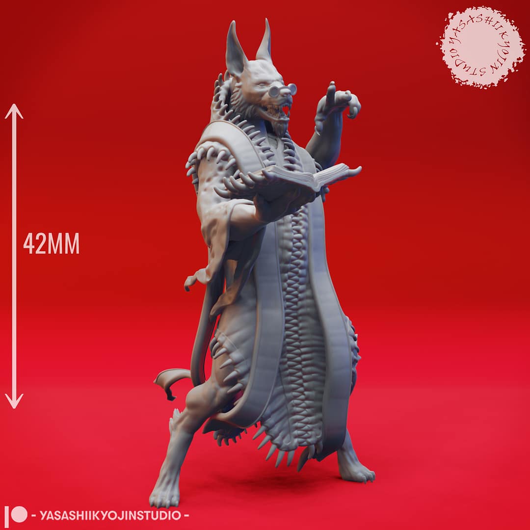 “Dark Fantasy Arcanaloth Miniature in Record Keeper pose sculpted by Yasashii Kyojin Studio on a red background.”