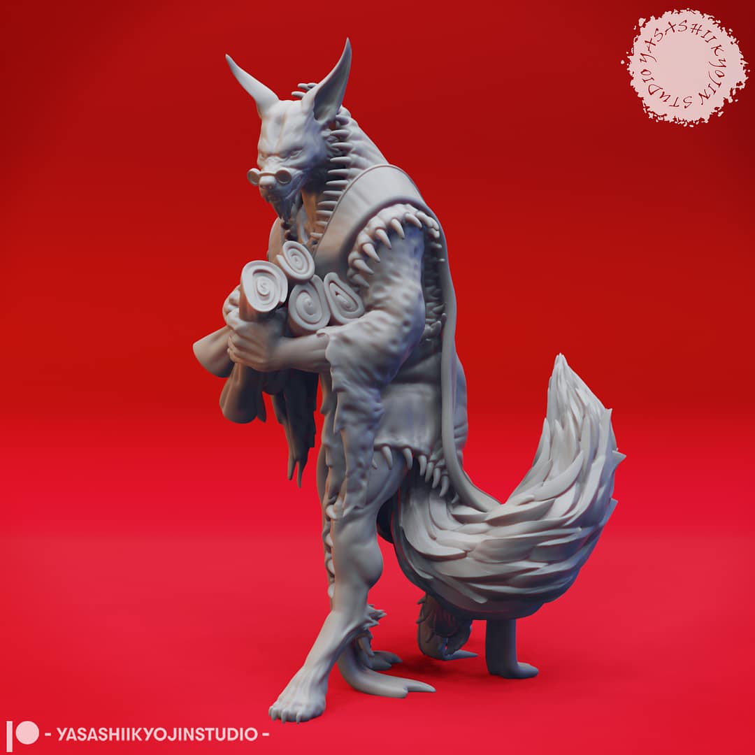 “Dark Fantasy Arcanaloth Miniature in Record Keeper pose sculpted by Yasashii Kyojin Studio on a red background.”