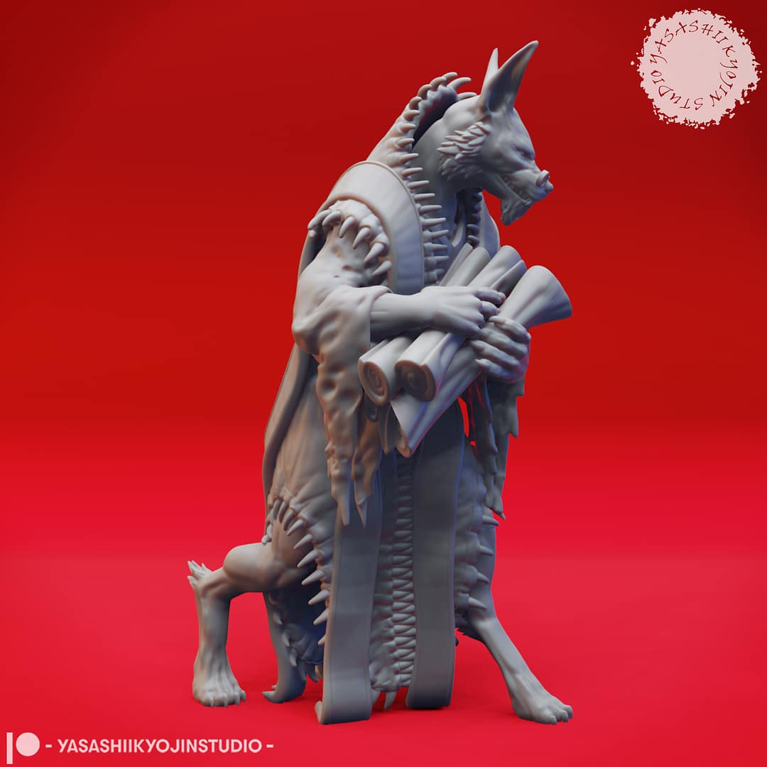 “Dark Fantasy Arcanaloth Miniature in Record Keeper pose sculpted by Yasashii Kyojin Studio on a red background.”