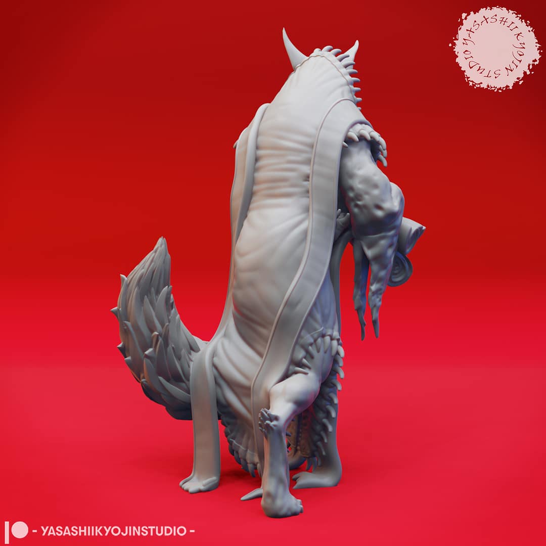 “Dark Fantasy Arcanaloth Miniature in Record Keeper pose sculpted by Yasashii Kyojin Studio on a red background.”