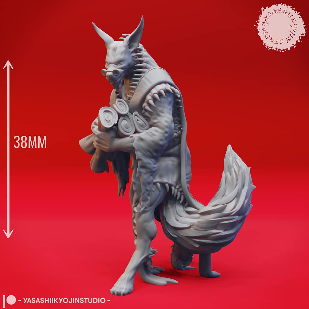 “Dark Fantasy Arcanaloth Miniature in Record Keeper pose sculpted by Yasashii Kyojin Studio on a red background.”
