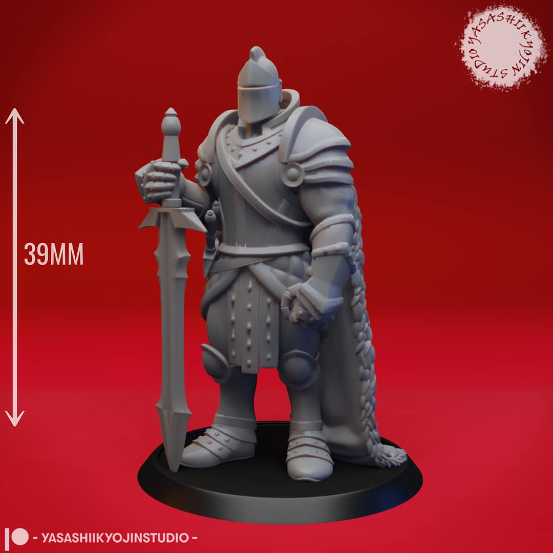 “Armored Knight resin miniature by Yasashii Kyojin Studio holding a greatsword in a guarding pose, displayed on a round base against a red background.”