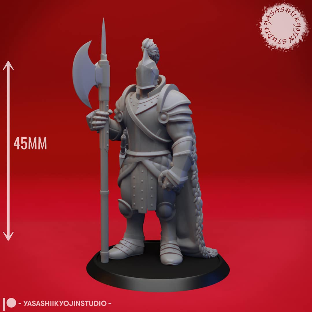 “Armored Knight resin miniature by Yasashii Kyojin Studio holding a greatsword in a guarding pose, displayed on a round base against a red background.”