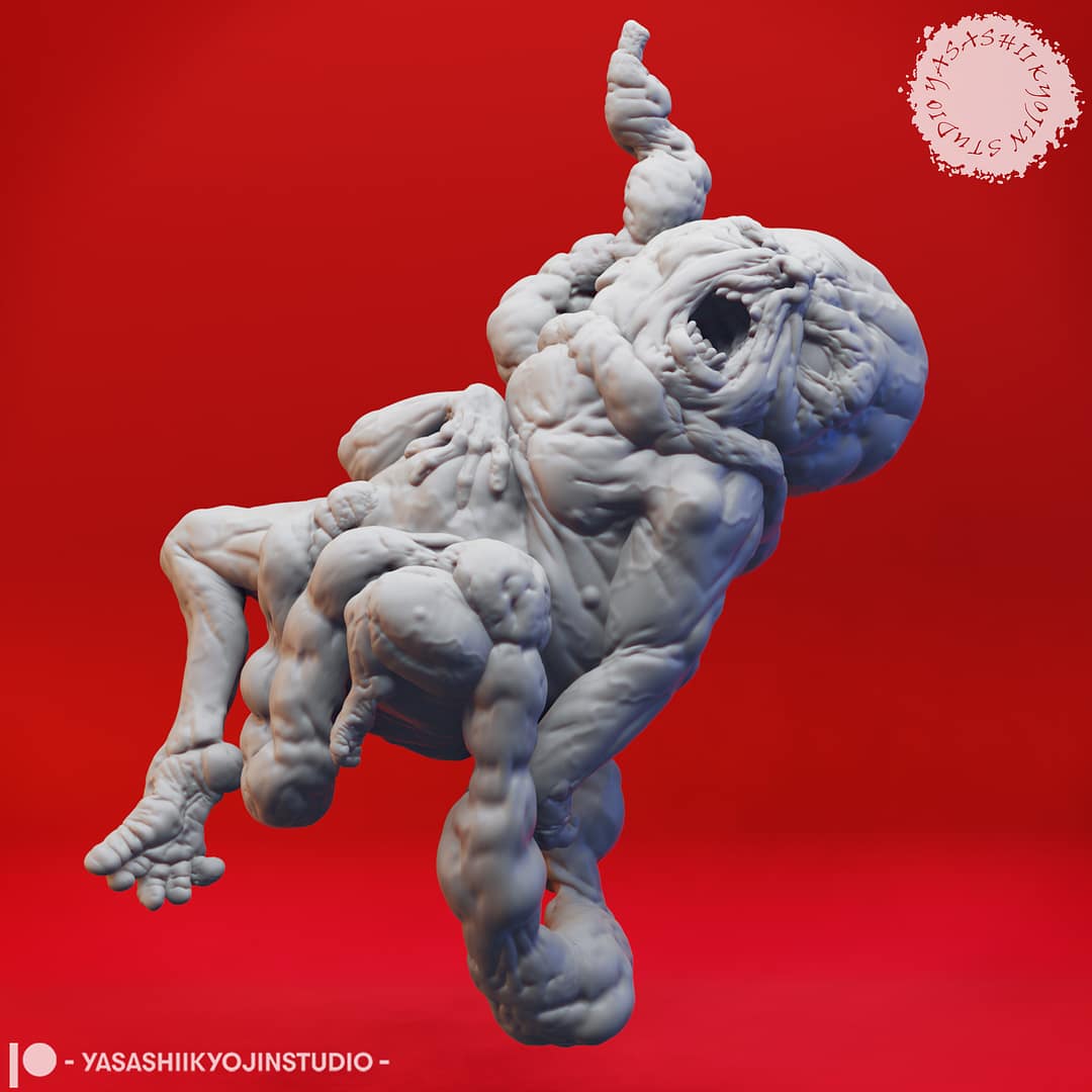 “Atropal resin miniature by Yasashii Kyojin Studio, featuring a twisted undead abomination with distorted limbs and fleshy growths, displayed against a red background.”