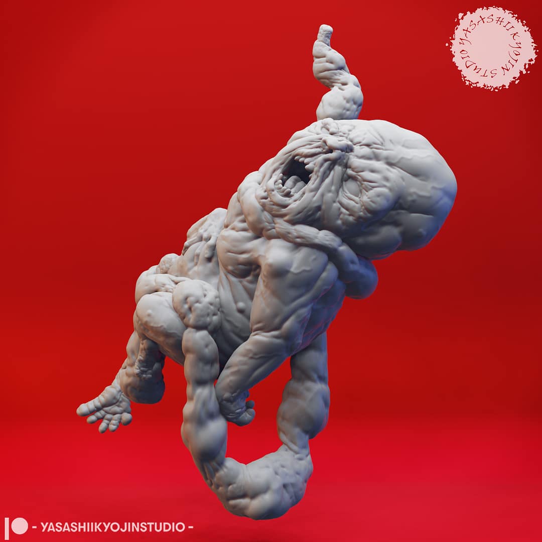 “Atropal resin miniature by Yasashii Kyojin Studio, featuring a twisted undead abomination with distorted limbs and fleshy growths, displayed against a red background.”