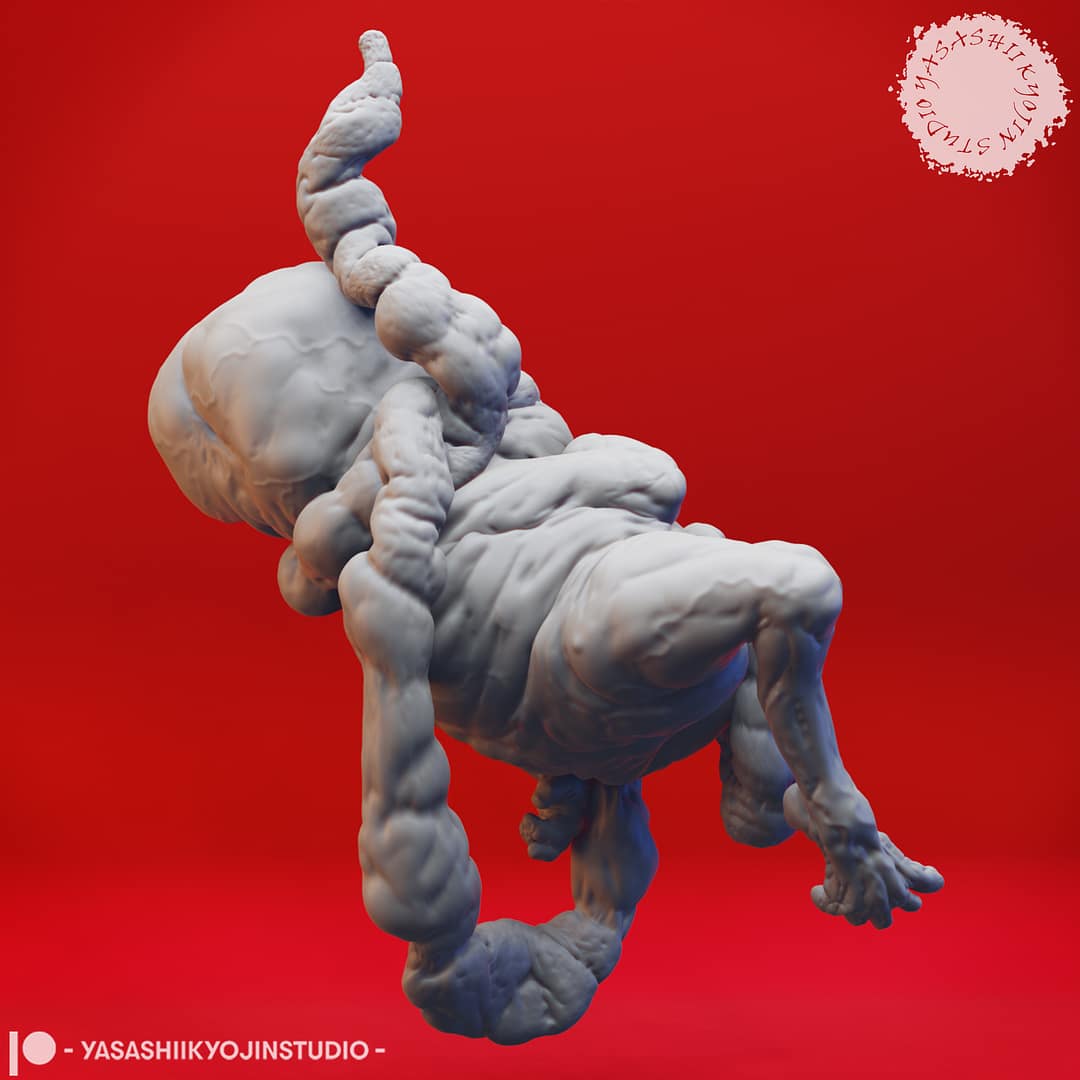 “Atropal resin miniature by Yasashii Kyojin Studio, featuring a twisted undead abomination with distorted limbs and fleshy growths, displayed against a red background.”