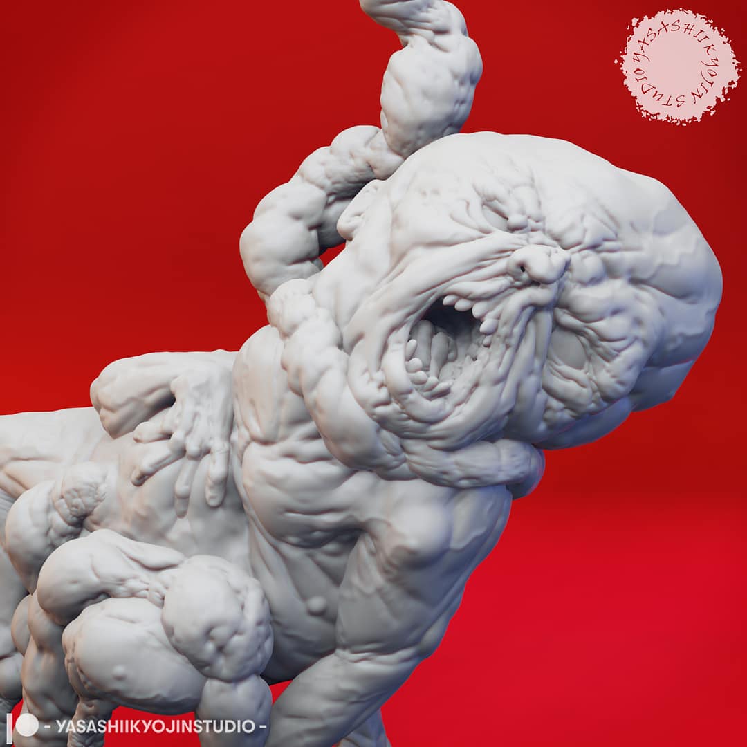 “Atropal resin miniature by Yasashii Kyojin Studio, featuring a twisted undead abomination with distorted limbs and fleshy growths, displayed against a red background.”