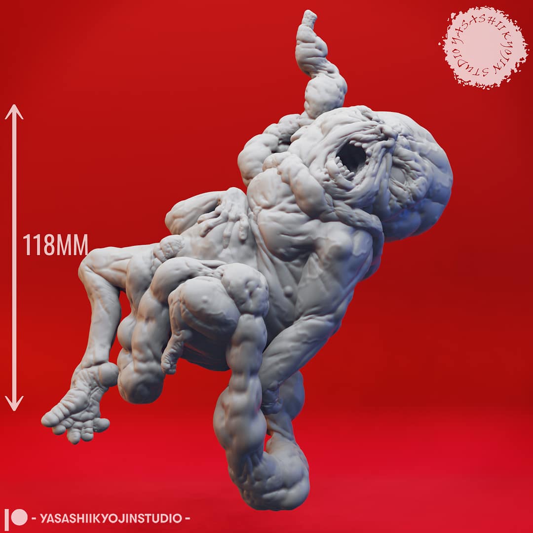 “Atropal resin miniature by Yasashii Kyojin Studio, featuring a twisted undead abomination with distorted limbs and fleshy growths, displayed against a red background.”