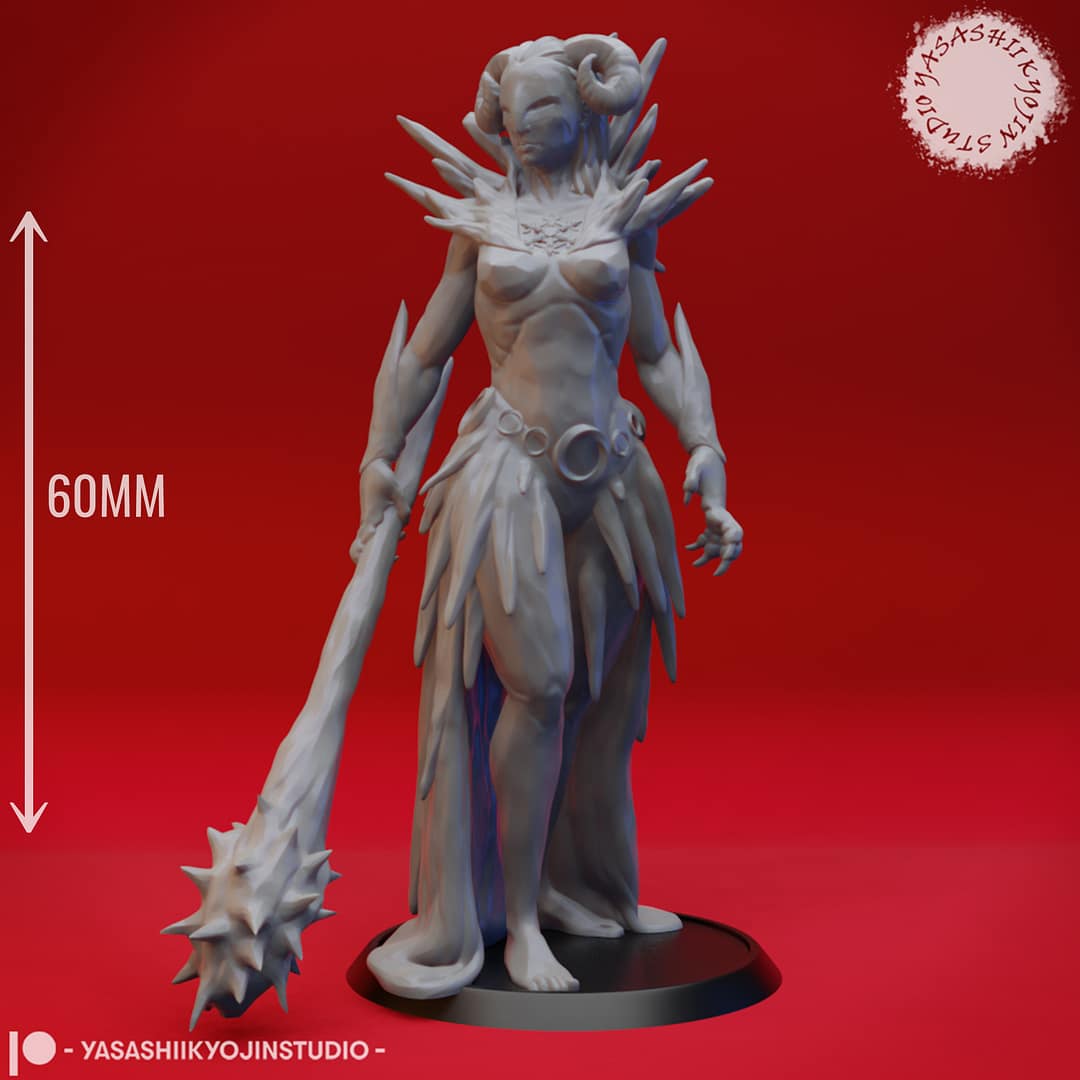 “Auril Crone Form resin miniature by Yasashii Kyojin Studio, featuring a floating hooded figure sculpted in icy draped shapes against a red background.”