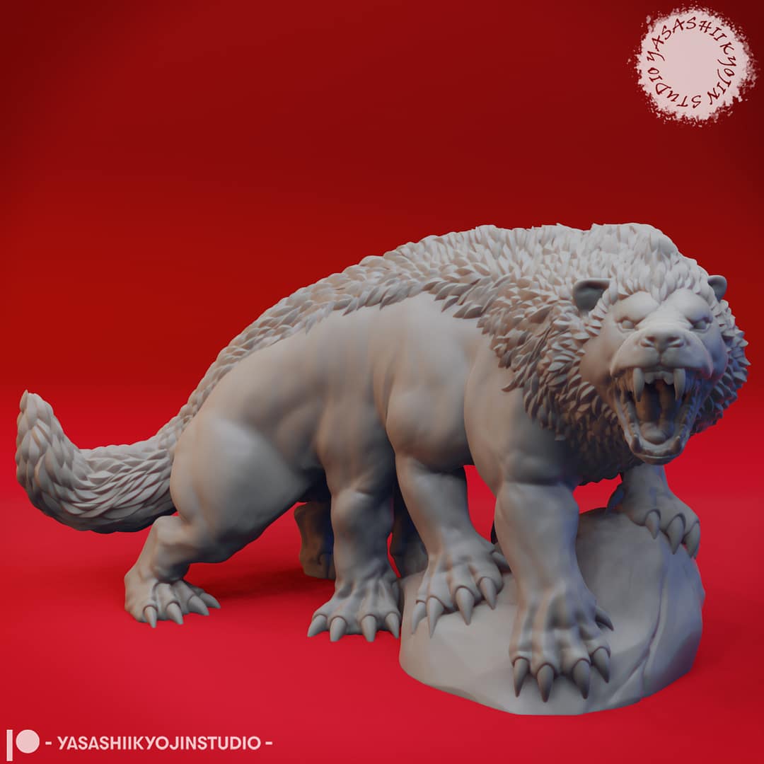“Aurumvorax resin miniature by Yasashii Kyojin Studio, depicting a snarling multi-legged beast with thick fur, claws, and a rocky base against a red background.”