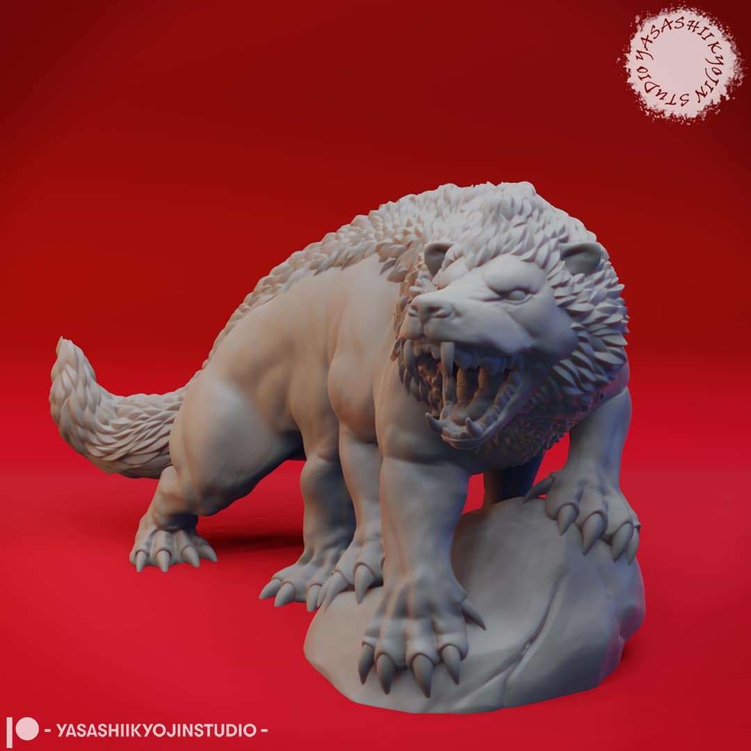 “Aurumvorax resin miniature by Yasashii Kyojin Studio, depicting a snarling multi-legged beast with thick fur, claws, and a rocky base against a red background.”